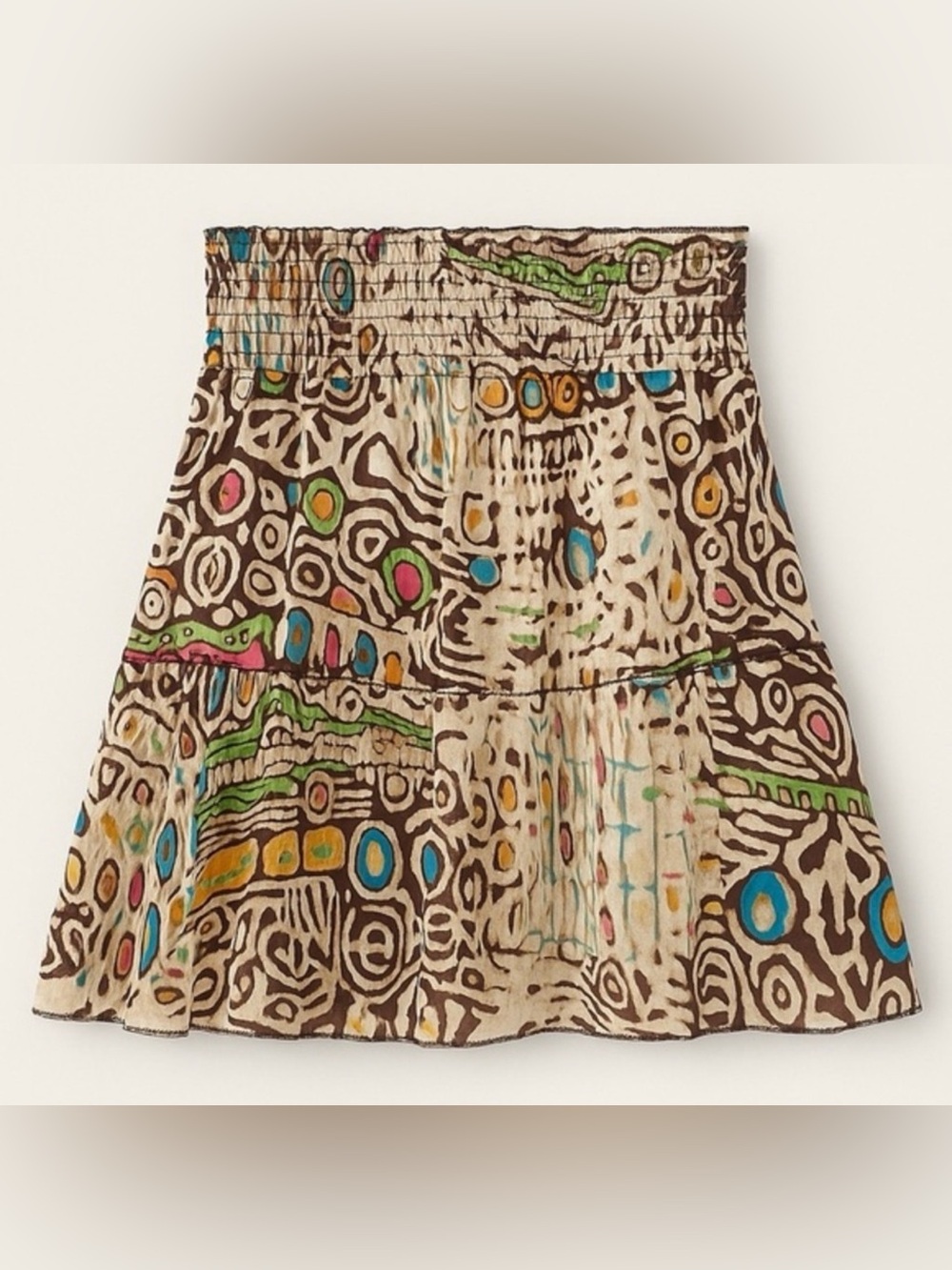 Chaudry India Abstract Print Smocked Waist Crinkle Boho Mini Skirt NWT XS #2414